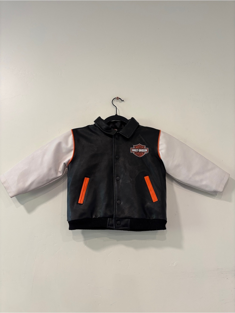 Harley Davidson Black Faux Leather Jacket Size 4T White Orange Logo Toddler Moto